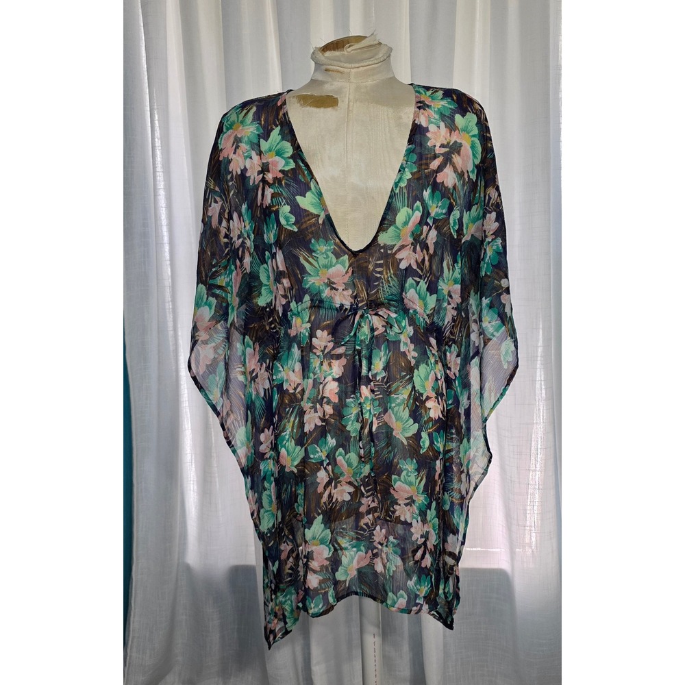 HM Womens Floral Kaftan Cover Up Small Blue Green Tropical Sheer V-Neck Swimwear